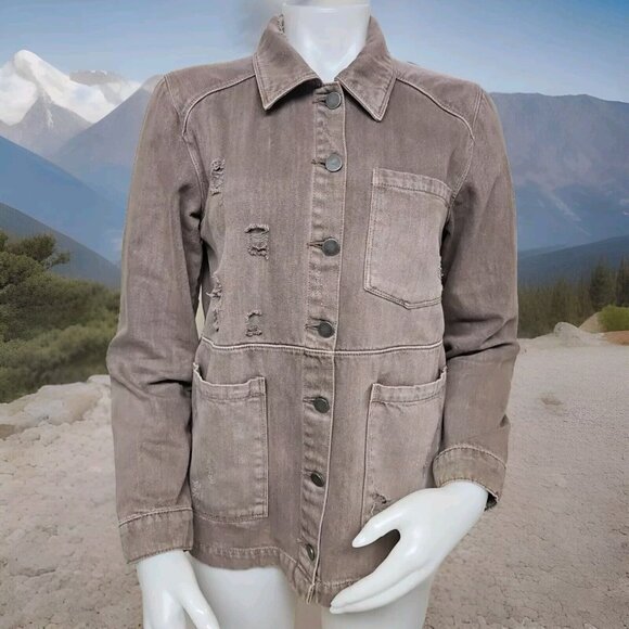 Dear John Distressed Denim Jacket Ripped Cotton Jean Womens XS Brown Boxy Cut - Picture 1 of 10